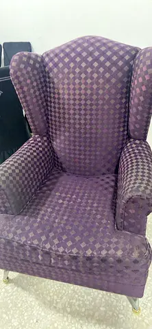 Purple wingback armchair — comfortable single seat, good condition