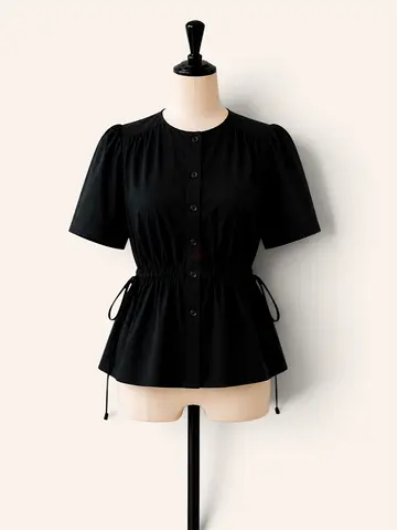 Black Short-Sleeve Button-Up Peplum Top with Drawstring Waist