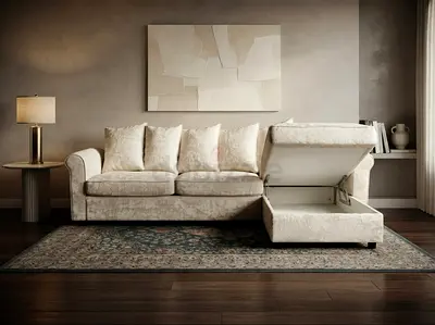 Space-saving Cream Sofa Bed with hidden storage and premium mattress. Crafted using quality material