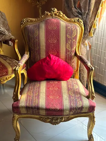 2 set Antique-style Gold Frame Accent Armchair with Red Stripe Upholstery