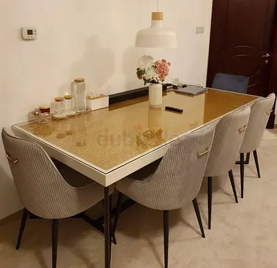 Glass Top ,Solid rectangular dining table with metal legs- NO CHAIRS , ONLY DINNING— good condition