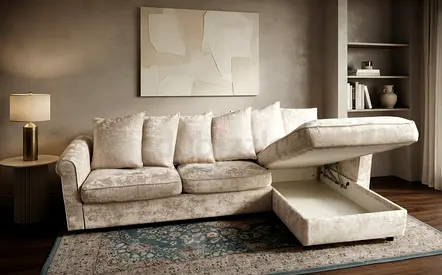 High-end Cream Corner Sofa Bed designed with modern styling, hidden storage, premium mattress, and s