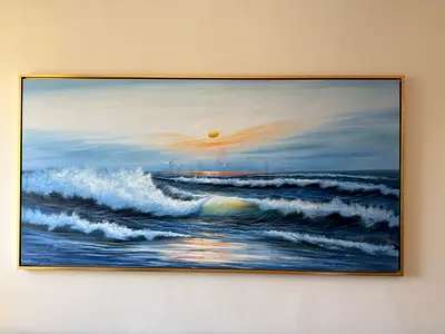Large Framed Seascape Oil Painting - Waves at Sunrise