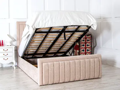 Vertical channel design queen hydraulic beige velvet bed