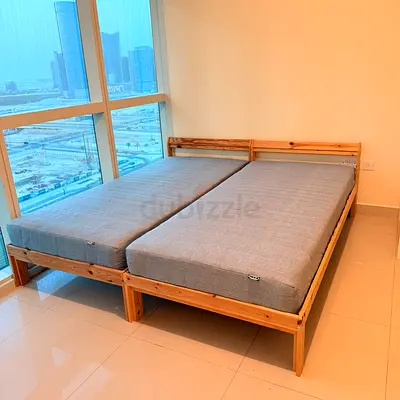 IKEA-style Pine Double Bed Frame with Two Mattresses