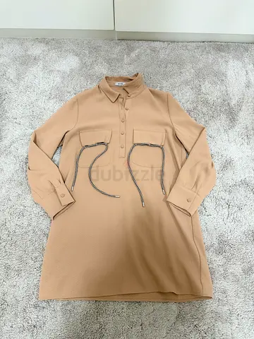 RIVA Beige long-sleeve tunic shirt or DRESS with front pockets - S - M