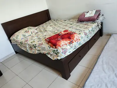 King-size wooden bed frame with storage drawers - dark brown
