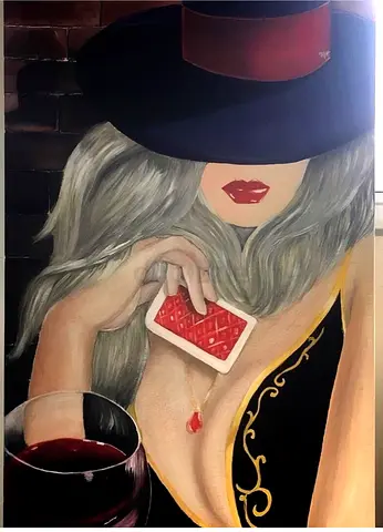 Original Figurative Painting of Woman with Playing Card and Wine