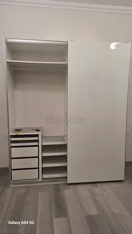 White high-gloss 2-door wardrobe with shelves and drawers