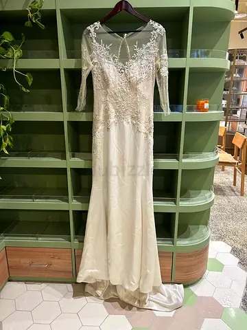 Ivory Long Wedding Dress with Lace Bodice and Sleeves - Size Unknown