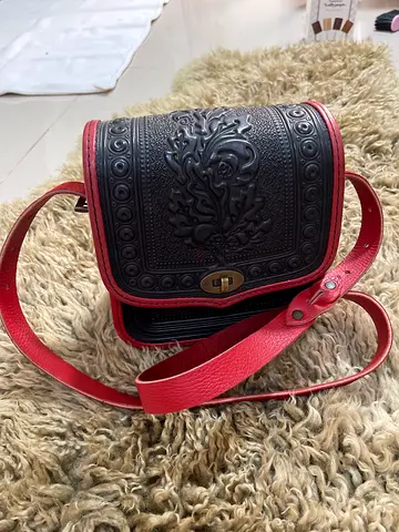 Red and black embossed crossbody leather bag - small shoulder bag