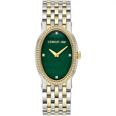 Cerruti 1881 Womens Two-Tone Oval Green Dial Watch with Crystal Bezel