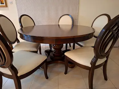 Solid Wood Round Dining Table with 6 Upholstered Chairs - Dark Brown