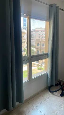 Light-blocking grey-blue curtains with roller blind — used, good condition