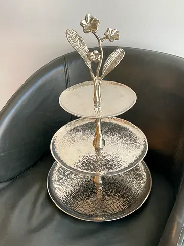 Elegant 3-Tier Hammered Silver Serving Stand | Floral Handle | 48 cm