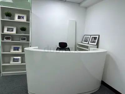 Full office furniture available white desk with ergonomic chair and wall shelf - perfect condition