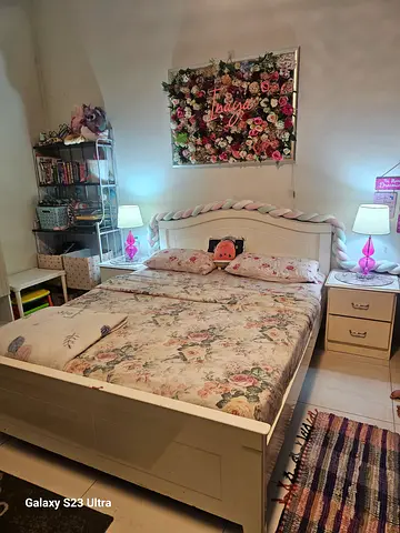 White Wooden Double Bed with Headboard and Nightstands - Good Condition with mattress