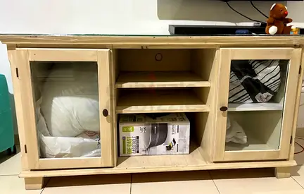 Wooden TV Console Cabinet with Glass Doors - Light Finish