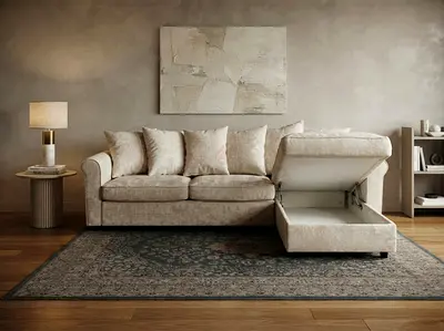 Beautiful Cream L Shape Sofa Bed combining modern style with practical storage. Ideal for family roo