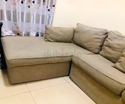 Beige L-shaped Corner Sofa with Chaise - Good Condition