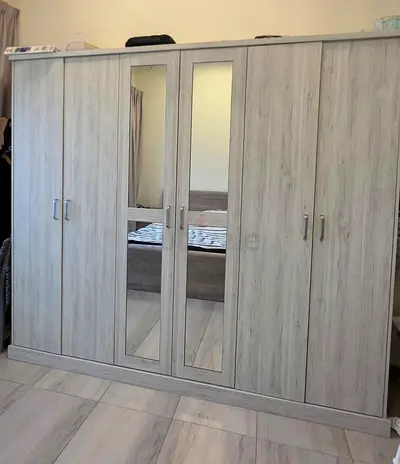 6-Door Mirrored Wardrobe - Light Wood Finish, Good Condition
