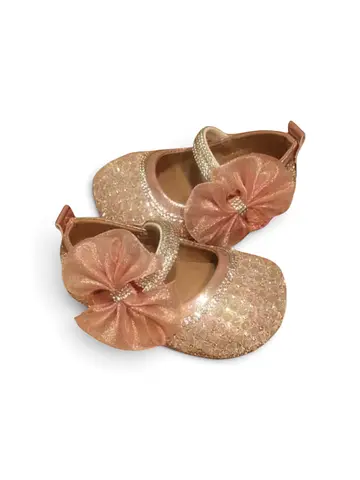 Girls Sparkly Pink Baby Shoes with Bows - Size Newborn/0-6M