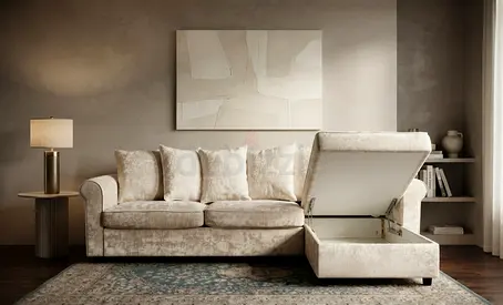 Modern Cream L Shape Sofa Bed featuring a smooth pull-out bed, hidden storage, and premium mattress.