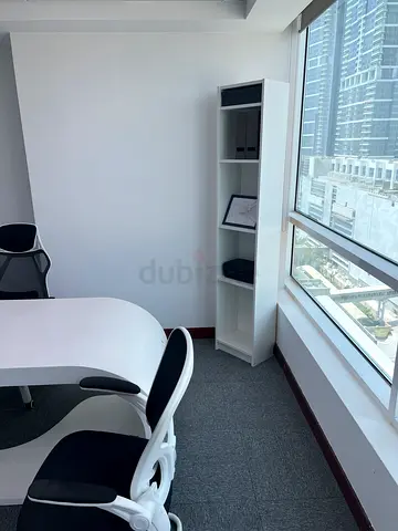 Full office furniture available white desk with ergonomic chair and wall shelf - perfect condition
