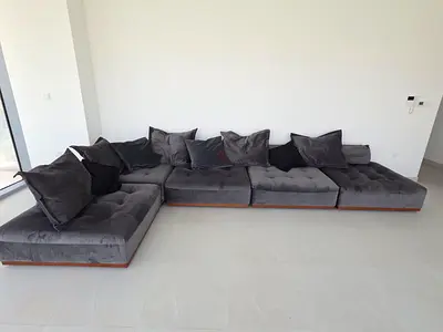 Large Grey Velvet Modular Sofa from Marina Homes with Wooden Base - 5 Pieces