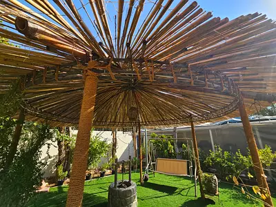 Large rustic bamboo garden parasol / shade umbrella