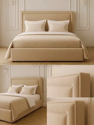 Elegant Beige Upholstered Bed Frame with Padded Headboard