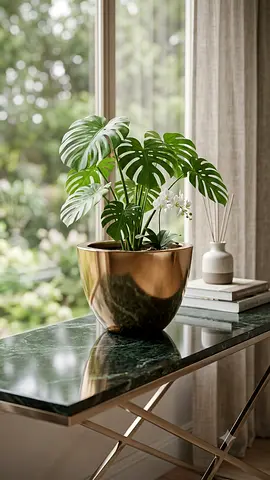 Indoor decorative plant with golden pot on console table