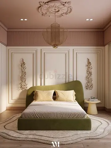 Green velvet upholstered queen bed  curved headboard
