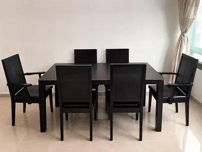 Solid Dark Wood 6-Seater Dining Table with Armchairs