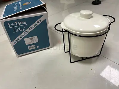 ( 2 ) Ceramic Pot with Stand - Brand New White Round Serving Pot