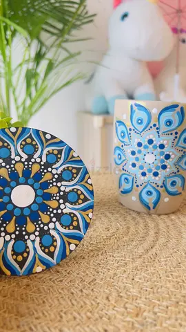 Hand-painted blue mandala ceramic mug with matching coaster