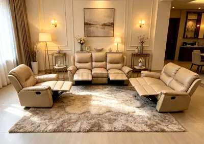 Beige leather reclining 3-seater sofa with two recliner chairs