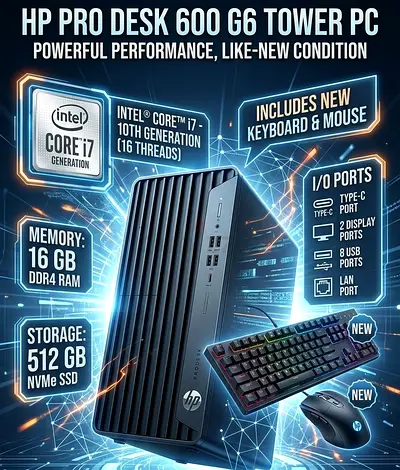 CORE i7-10 GEN HP PRO DESK 600 G6 TOWER-16GB RAM-512 GB NVME SSD-WIN 11 PRO