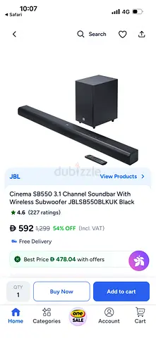 JBL Cinema SB550 3.1 Channel Soundbar with Wireless Subwoofer - Black
