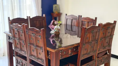Solid Wood Dining Table with 8 Carved Chairs - Rustic Indian Style