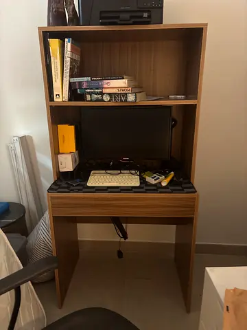 Compact wooden study desk with overhead shelves - good condition
