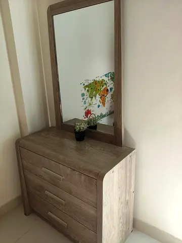 Wooden Dresser with Mirror - 3 Drawers, Light Oak Finish and single bed with mattress