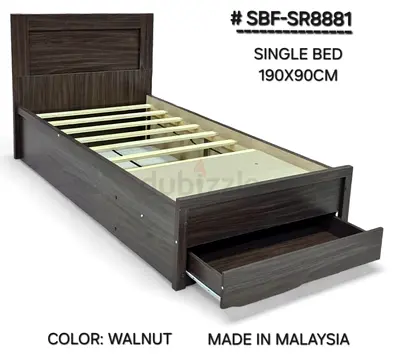 Single Walnut Bed with Underbed Drawer - 190 x 90 cm (Made in Malaysia)