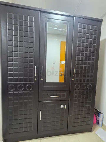 Dark Wood 3-Door Wardrobe with Mirror — Good Condition