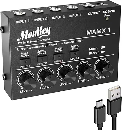 Moukey Ultra Low-Noise 4-Channel Line Mixer for Sub-Mixing, DC 5V 4-Stereo Mini Audio Mixer, Ideal f