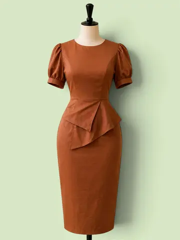 Brown Midi Peplum Pencil Dress with Puff Sleeves