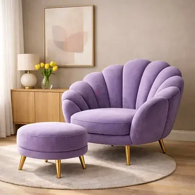 One-Seat Velvet Shell Armchair with Ottoman - Lilac
