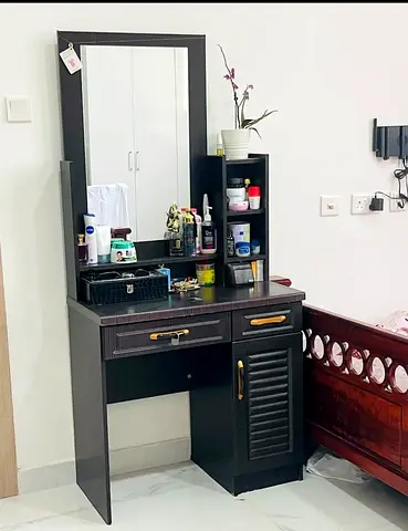 Dark Wood Dressing Table with Mirror and Storage Cabinet
