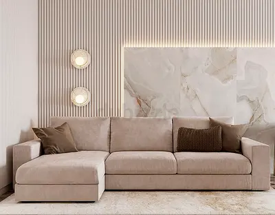 Light Beige L-Shaped Fabric Sofa with Chaise