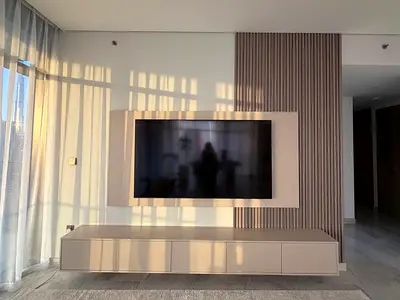 TV Media Wall with LED Lights | 3 Meters | Beige Colour | 5 Doors | TV AND CLADDING  NOT  IN